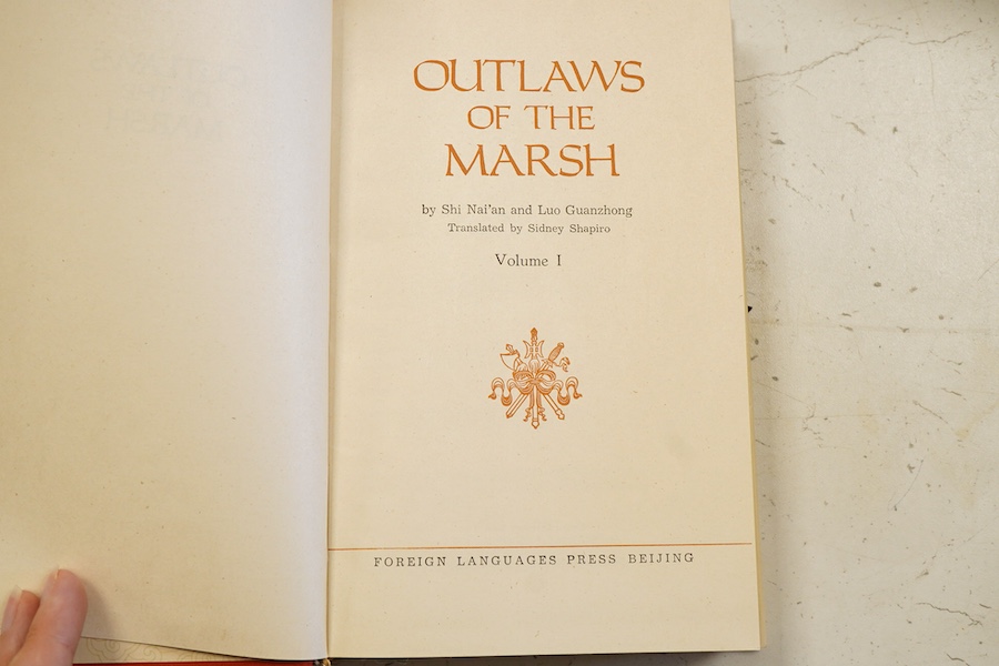 Nai'an, Shi & Guanzhong, Luo - Outlaws of the Marsh. Translated by Sidney Shapiro. 3 vols. num. plates, half titles; publisher's cloth and d/wrappers, patterned e/ps., in slipcases. Beijing: Foreign Languages Press, 1980